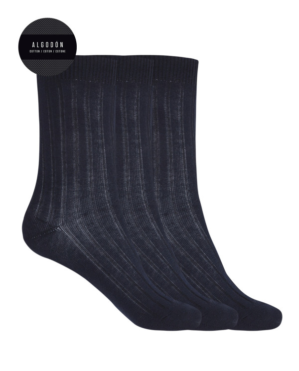 Pack of 3 ribbed cotton socks - Basix Color Navy - 1