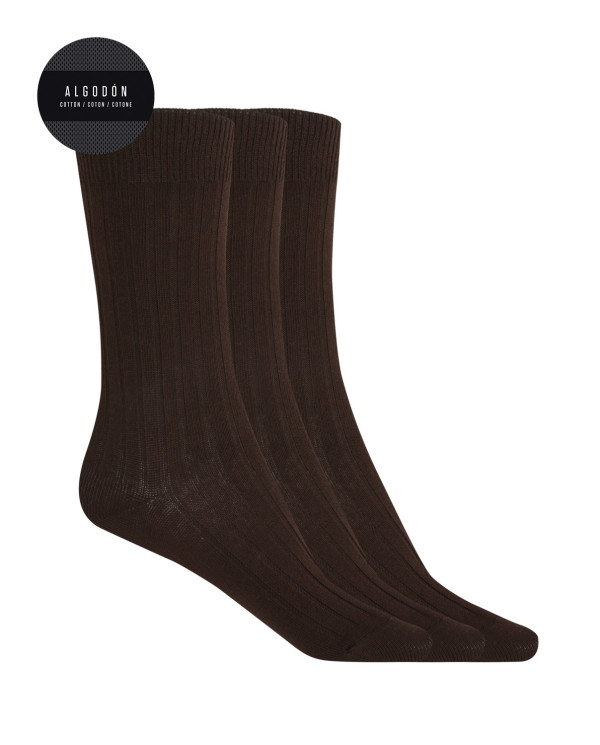 Pack of 3 ribbed cotton socks - Basix Color Brown - 1