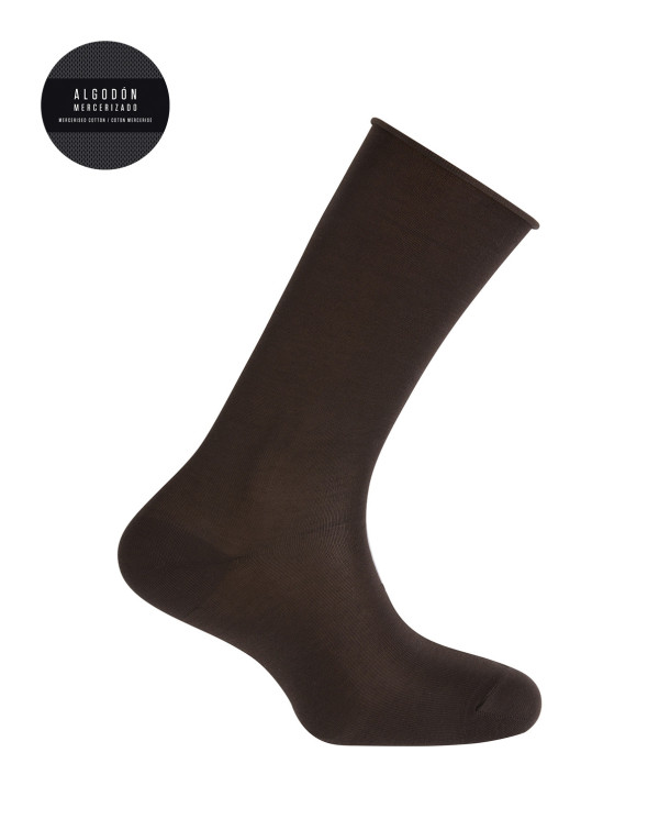 Plain mercerized cotton socks with rolled cuffs Color Brown - 1