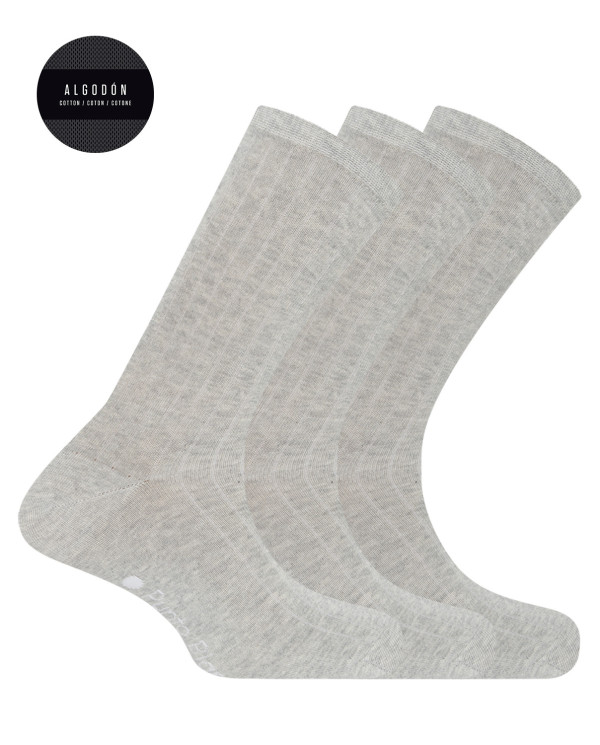 Pack of 3 ribbed cotton socks - Basix Color Light gray - 1