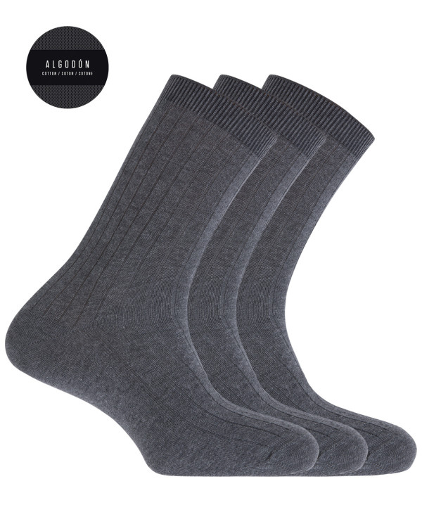 Pack de 3 calcetines de algodón de canalé - Basix Color Gris - 1