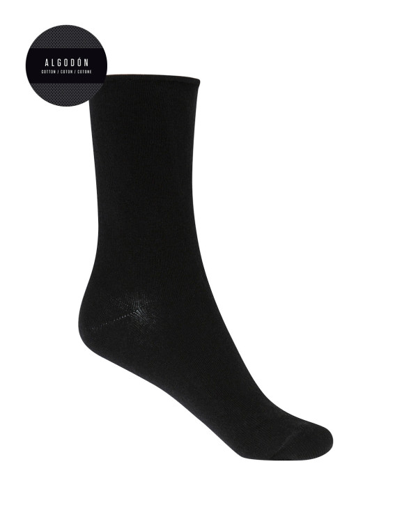 Chaussettes unies en coton à revers roulés Couleur Noir - 1