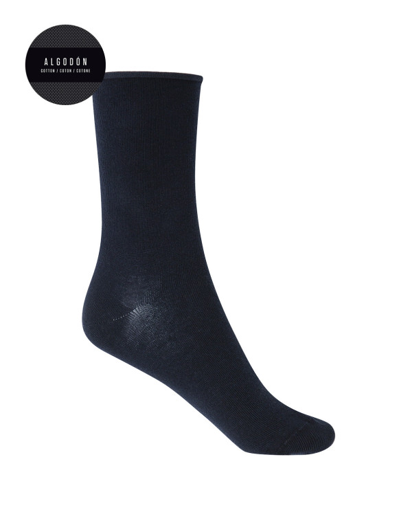 Chaussettes unies en coton à revers roulés Couleur Bleu marine - 1