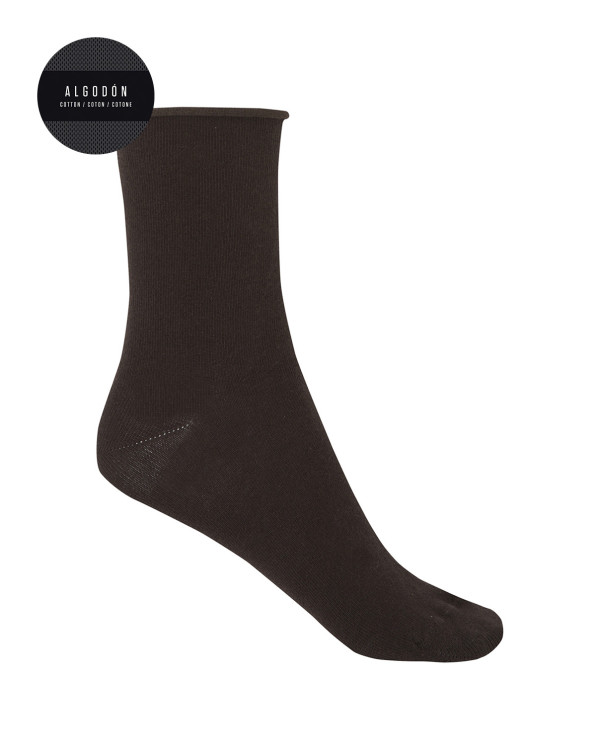 Plain cotton socks with rolled cuffs Color Brown - 1