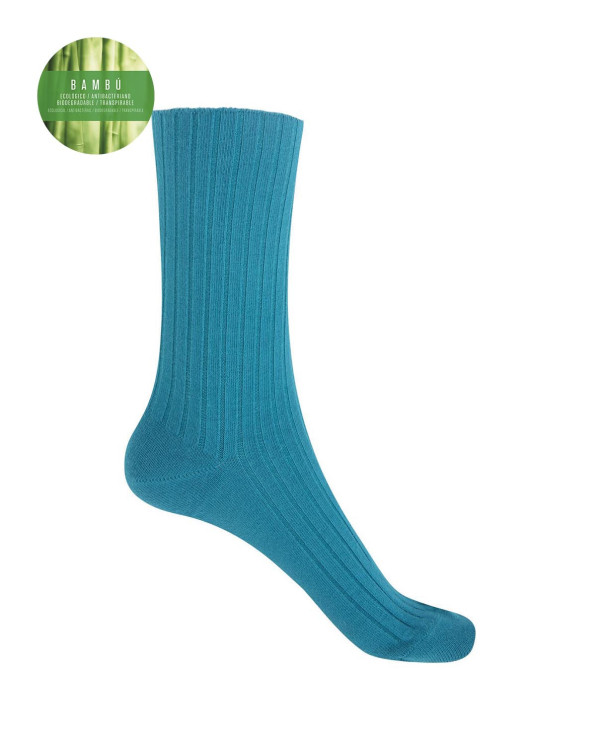 Chaussettes en bambou côtelé - revers anti-pression Couleur Bleu - 1