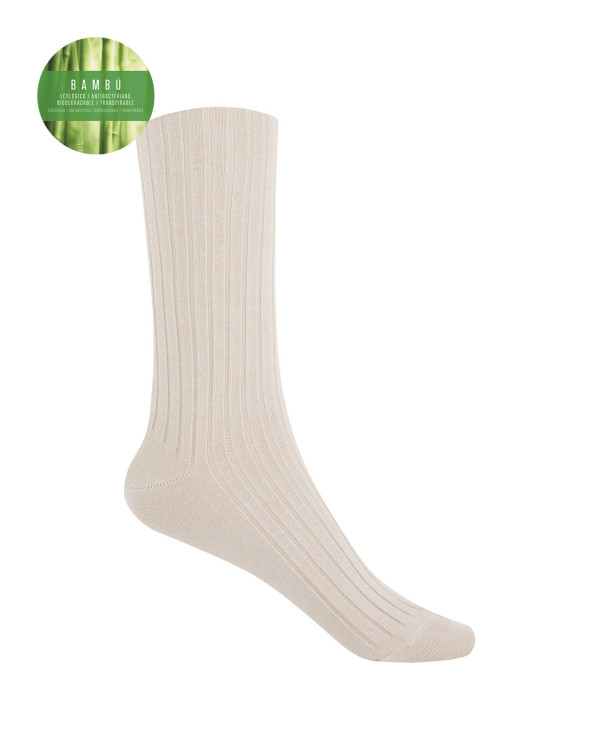 Chaussettes en bambou côtelé - revers anti-pression Couleur Beige - 1