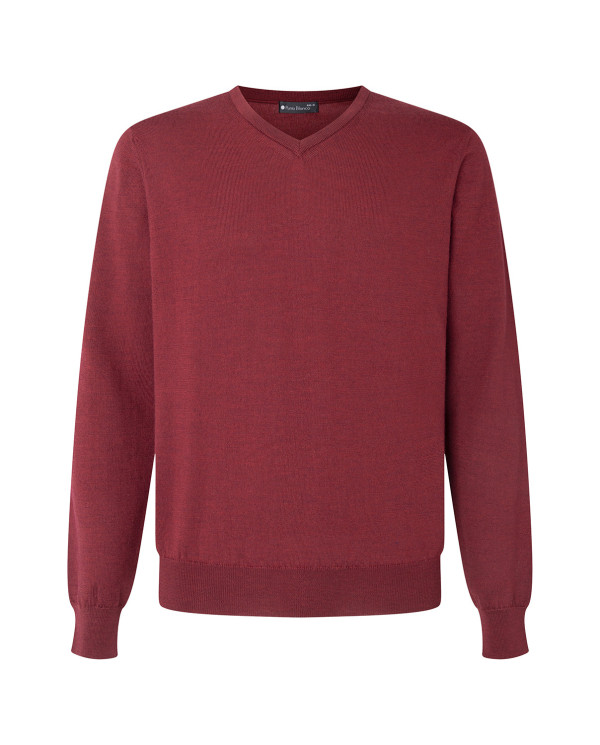 Pull à col en V, laine mérinos Couleur Bordeaux - 1