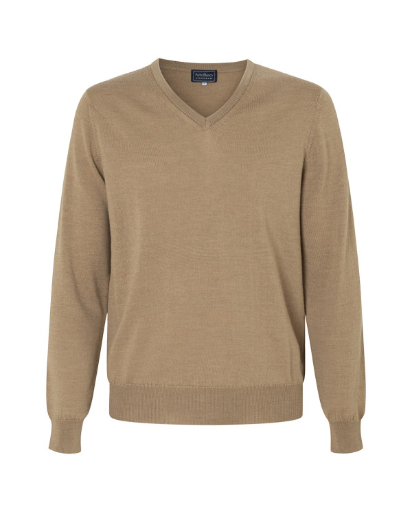 Pull à col en V, laine mérinos Couleur Beige - 1