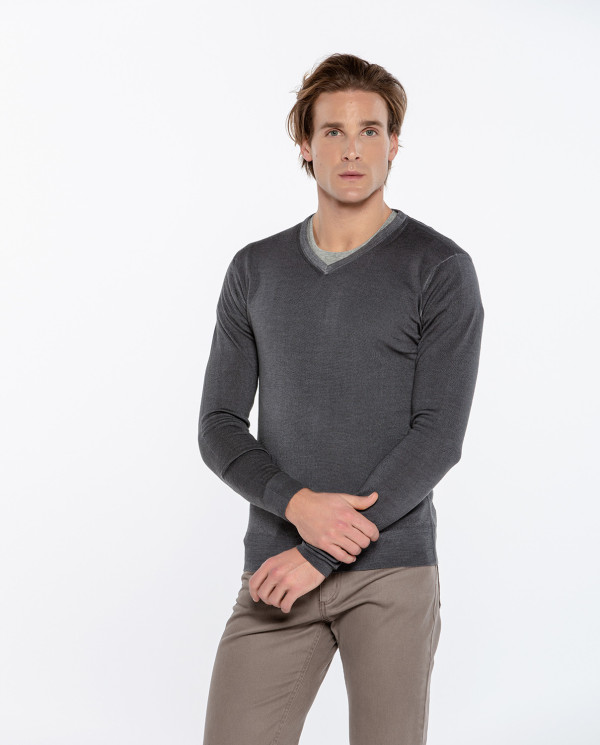 Jersey delavado, lana merino Color Gris - 1