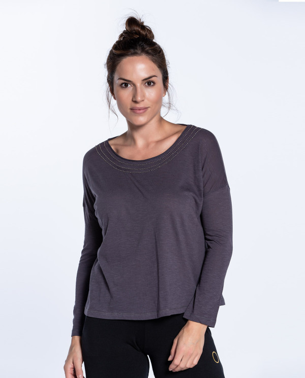 Camiseta de algodón con perlitas, Top Color Gris - 1