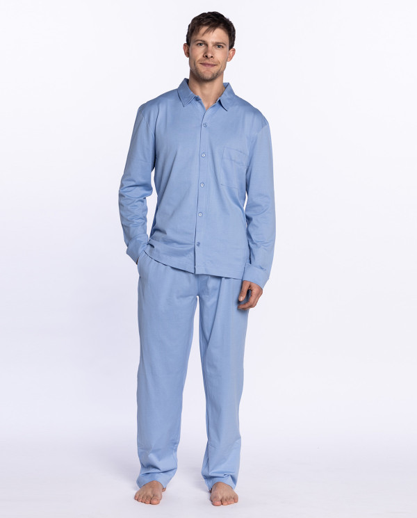 Pijama llarg de cotó merceritzat, Fil d'Escòcia Color Blau - 1