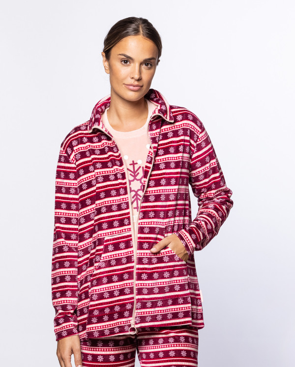 Printed plush robe, Pleasant Color Burgundy - 1