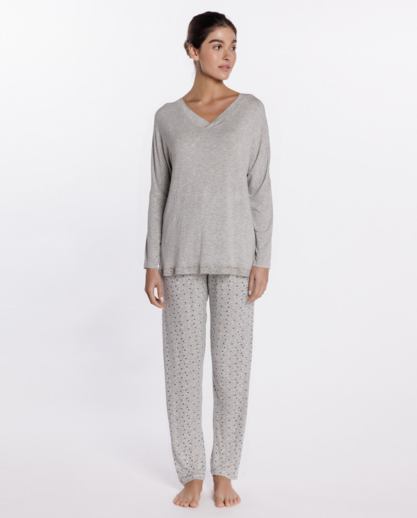 Pyjama long en modal stretch avec dentelle, Astral Couleur Gris - 1