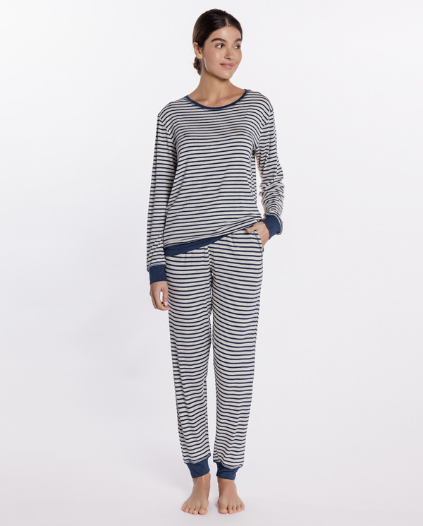 Long striped pyjamas in stretch modal, Botanical Color Grey - 1