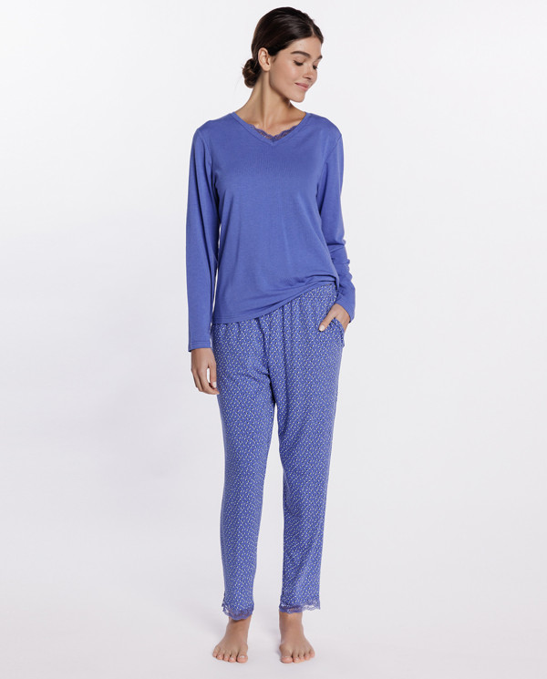 Long printed stretch modal pyjamas, Lilium Color Blue - 1