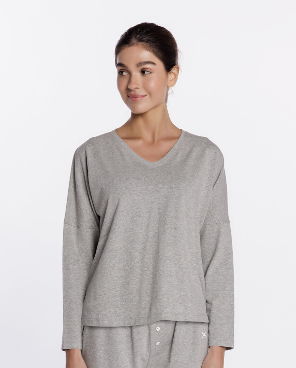 Loose long-sleeved cotton T-shirt, Basix Color Grey - 1