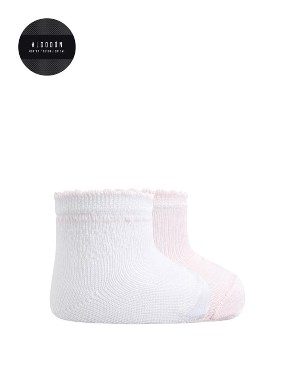 Pack 2 chaussettes en coton mercerisé-motif ajouré et unie Couleur Rose - 1