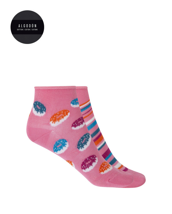 Lot de 2 chaussettes en coton à revers roulé - fantaisie Couleur Rose - 1