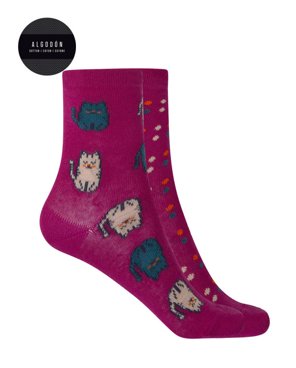 Pack de 2 paires de chaussettes en coton - chats et pois Couleur Fuchsia - 1