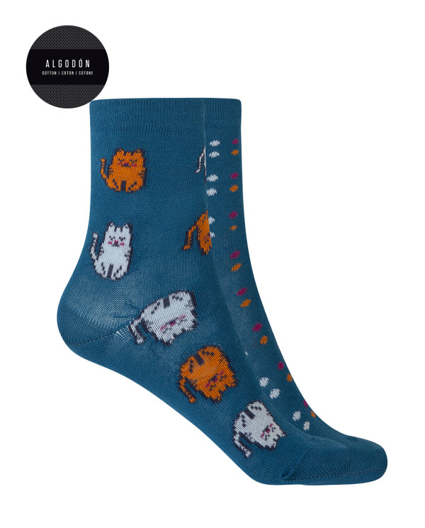 Pack de 2 paires de chaussettes en coton - chats et pois Couleur Bleu - 1