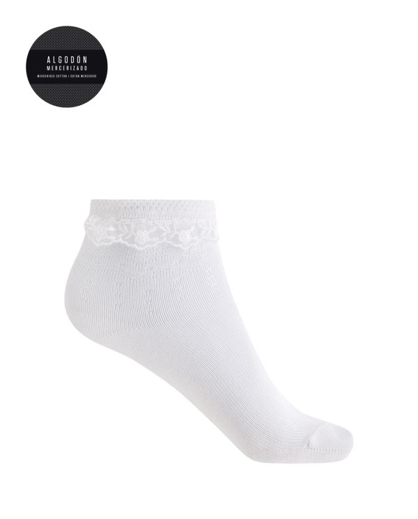 Mercerised cotton sock - ajour pattern and lace trim Color White - 1