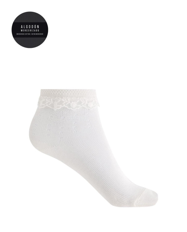 Mercerised cotton sock - ajour pattern and lace trim Color Ivory - 1