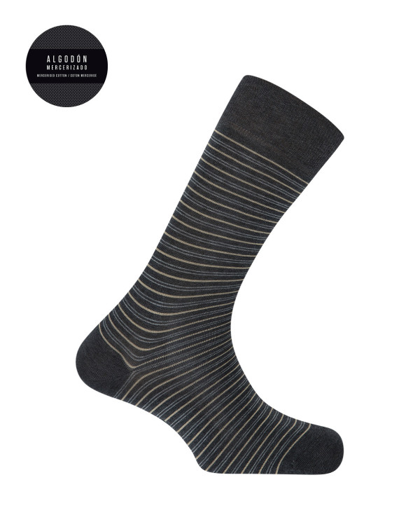 Chaussettes en coton mercerisé - rayures Couleur Gris fonce - 1