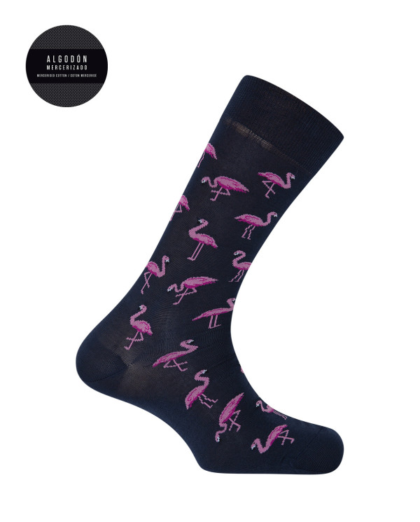 Chaussettes en coton mercerisé - flamants roses Couleur Bleu marine - 1