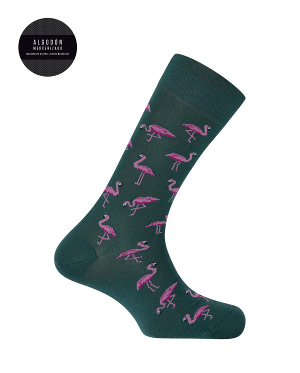 Chaussettes en coton mercerisé - flamants roses Couleur Vert - 1