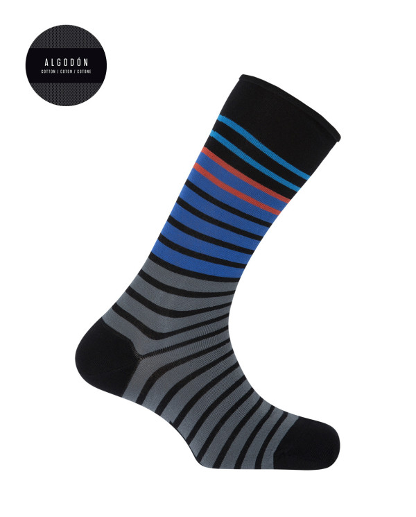 Chaussettes en coton - rayures - bord roulé Couleur Noir - 1