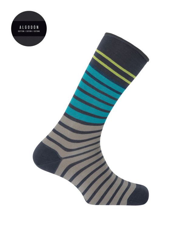 Chaussettes en coton - rayures - bord roulé Couleur Gris fonce - 1