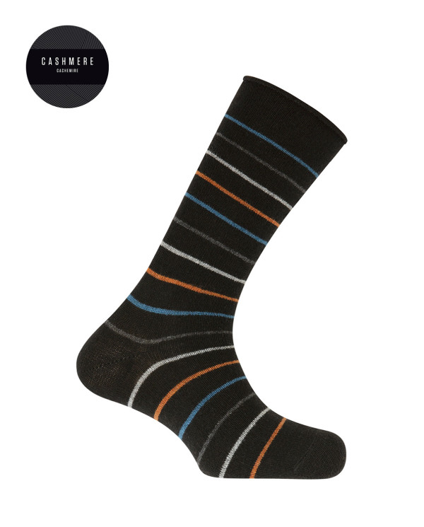 Cashmere/wool socks - stripes - roulé cuff Color Black - 1