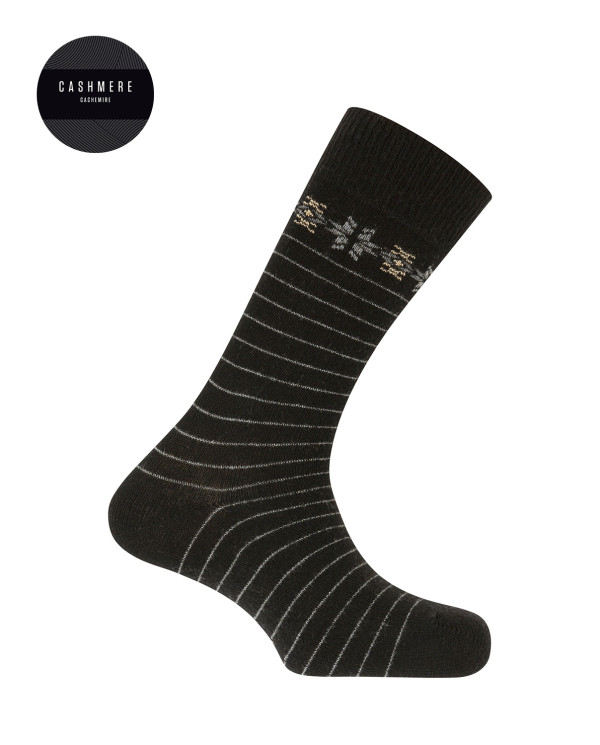 Chaussettes cachemire/laine - bordure et rayures Couleur Noir - 1