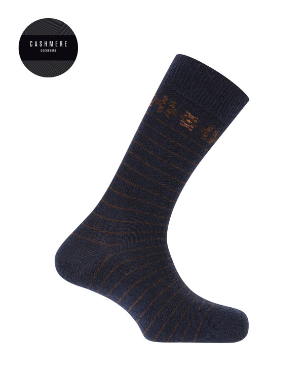 Chaussettes cachemire/laine - bordure et rayures Couleur Bleu marine - 1