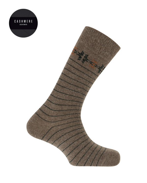 Chaussettes cachemire/laine - bordure et rayures Couleur Marron - 1