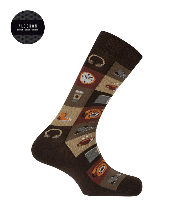 Chaussettes en coton - motifs à carreaux Couleur Marron - 1