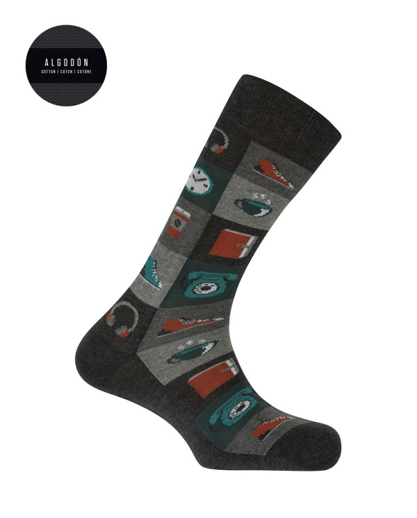 Cotton socks - checkered motifs Color Grey - 1