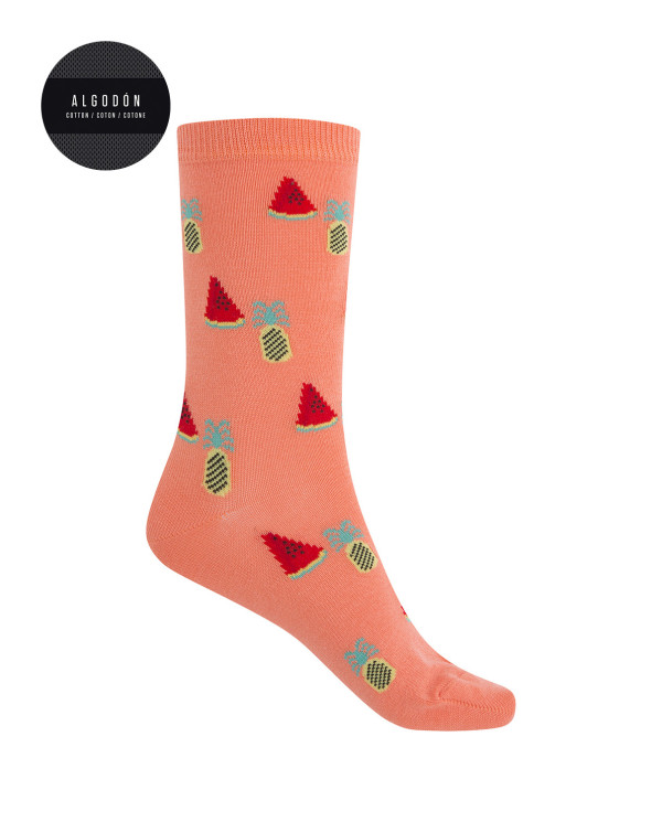 Chaussettes en coton - pastèques et ananas Collection Aloha Couleur Saumon - 1