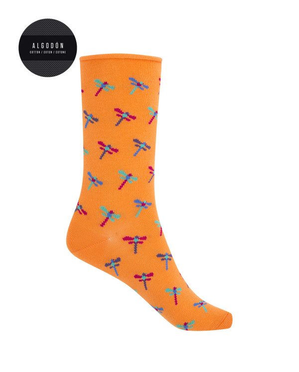 Short cotton/lurex socks - dragonflies rolled cuff Color Orange - 1