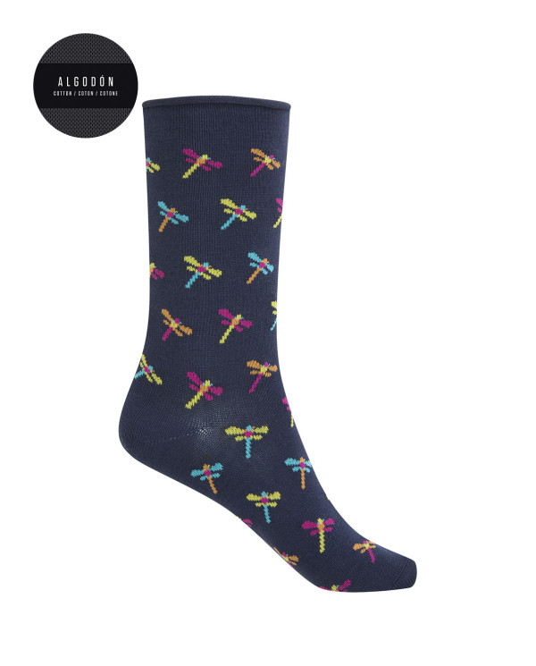 Short cotton/lurex socks - dragonflies rolled cuff Color Navy - 1