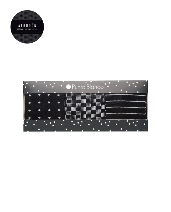 Coffret de 3 chaussettes coton fantaisie - revers roulé Couleur Noir - 1