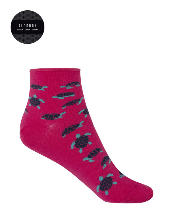 Chaussettes en coton à bord roulé - tortues Couleur Fuchsia - 1