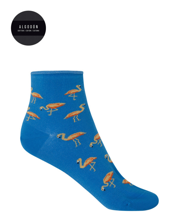 Cotton socks with rolled cuff - flamingos Color Navy - 1