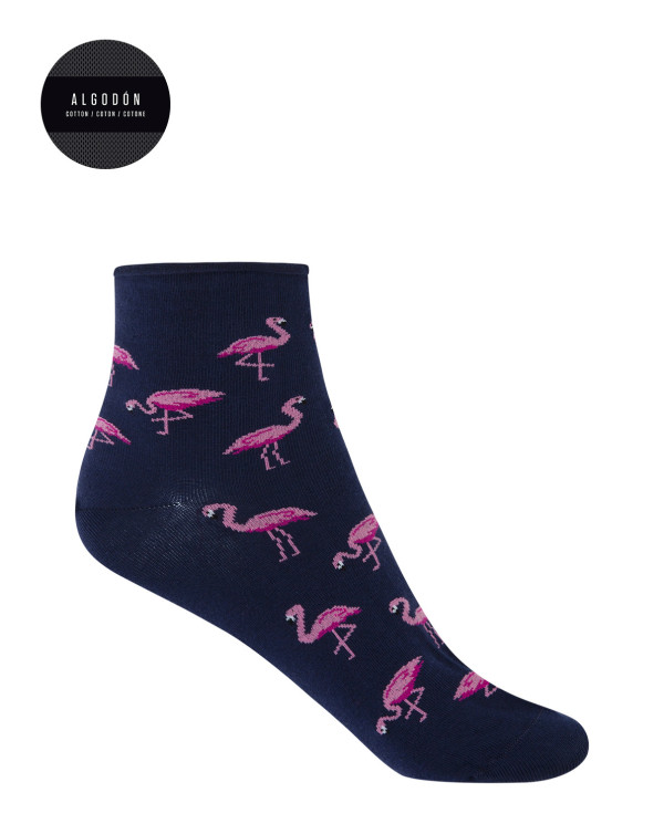 Chaussettes en coton à bord roulé - flamants roses Couleur Bleu marine - 1