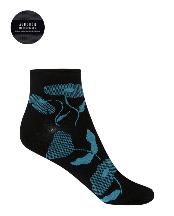 Chaussettes en coton mercerisé - fleurs Couleur Noir - 1