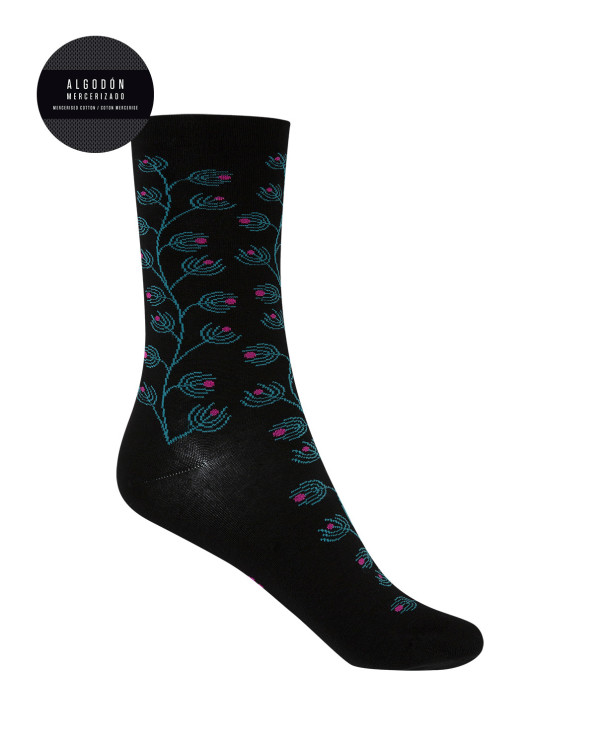 Chaussettes en coton mercerisé - fleurs Couleur Noir - 1