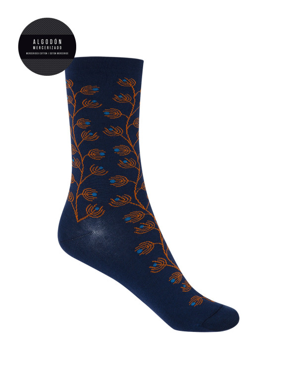 Chaussettes en coton mercerisé - fleurs Couleur Bleu - 1