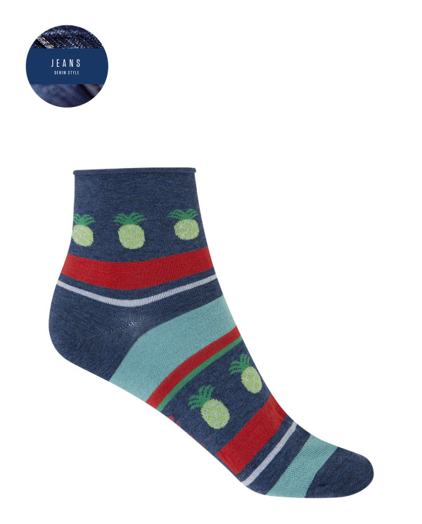 Viscose socks with rolled cuff - pineapples and stripes Color Blue - 1