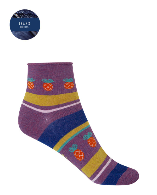 Viscose socks with rolled cuff - pineapples and stripes Color Lilac - 1