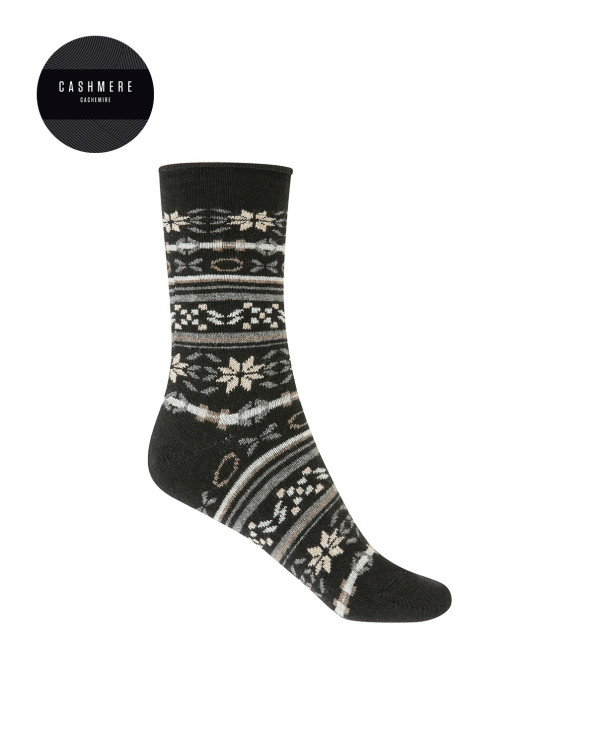 Cashmere/wool socks - border - roulé cuff Color Black - 1